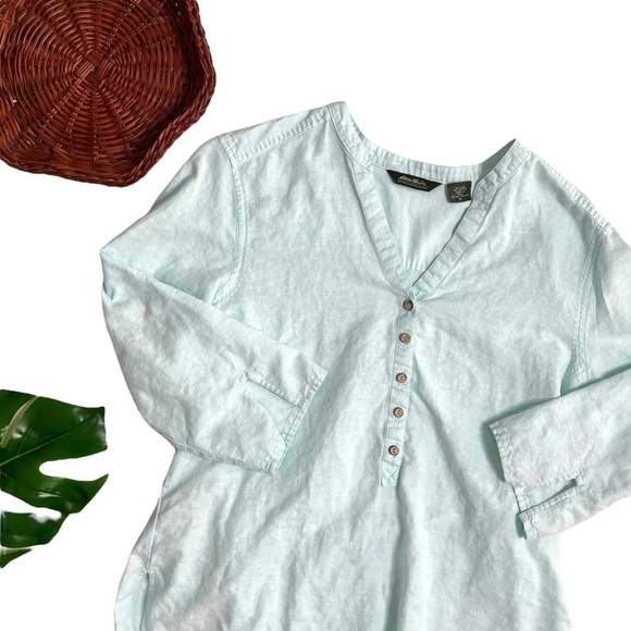 Eddie Bauer Y2K Mint Green Linen 1/2 button 3/4 Sleeve Blouse Shirt Size Medium - Picture 1 of 14